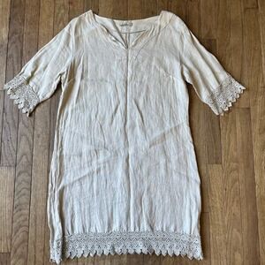 Alessia Pacini Italy Linen Dress Medium Crochet‎ Trim Short Sleeve Beige Casual